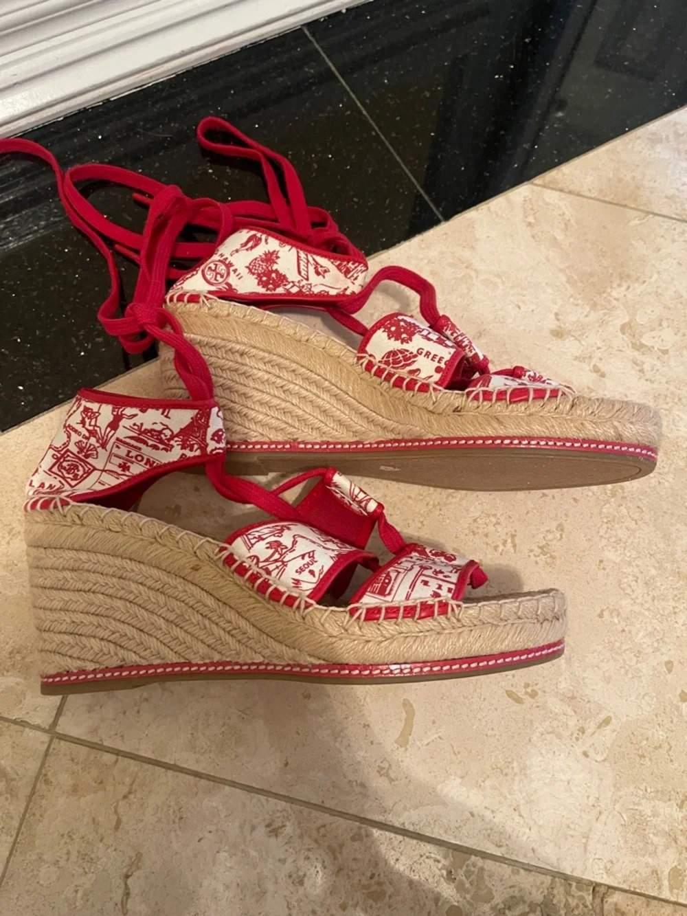 NWOT TORY BURCH red Destination Wedge Espadrilles with ankle/calf laces in sz 10